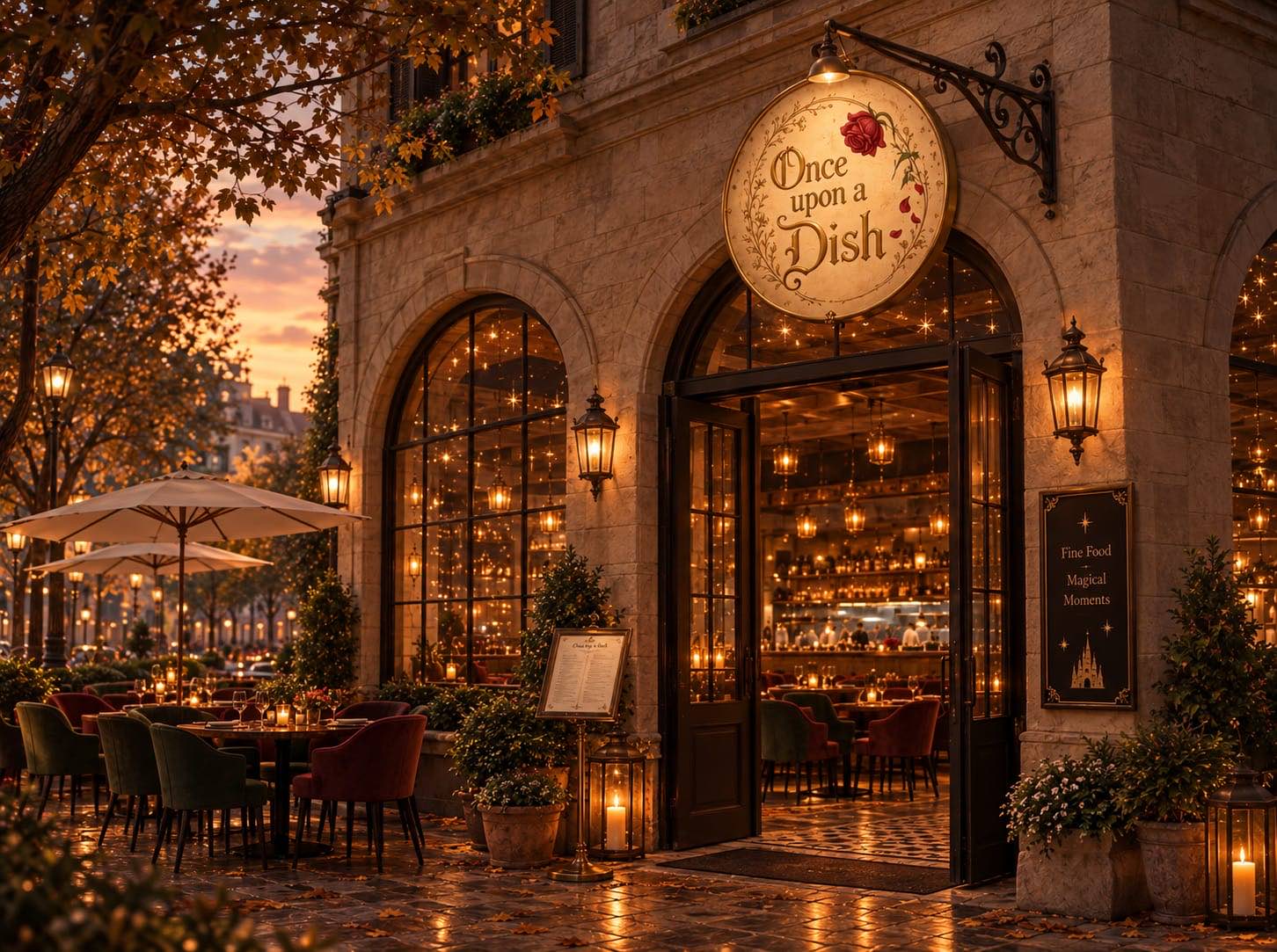 The entrance of Once Upon a Dish at dusk, with lanterns and the rose sign lit above the door.